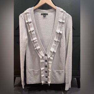 NWOT- Banana Republic grey Ruffle-Trim Ribbed Button Cardigan, knit marino wool